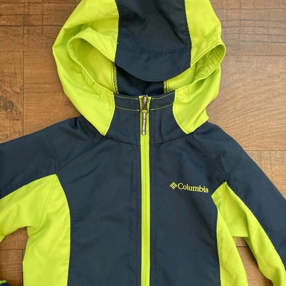 Columbia Omni-Shield Youth Hood Jacket Navy Neon Green Full Zip Size 8 Small